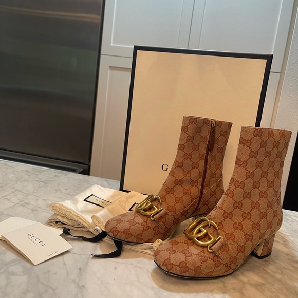 Gucci GG Logo Marmont Guccissima Monogram Brown Mid-Calf  Heel Boot shoe - Picture 3 of 12